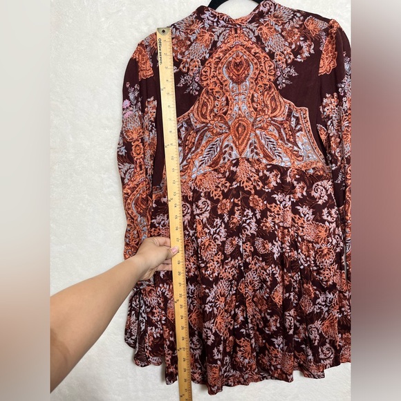 Free People BOHEMIAN Maroon Long Bell Sleeve Mini Dress Size XS - Picture 7 of 9